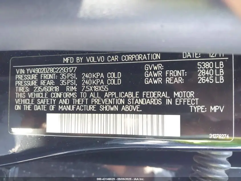 2012 VOLVO XC60 T6/T6 PLATINUM/T6 PREMIER PLUS/T6 R-DESIGN/T6 R-DESIGN PLATINUM/T6 R-DESIGN PREMIER PLUS