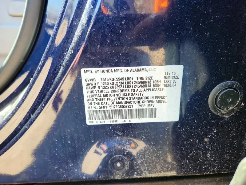 2016 HONDA PILOT EXLN  