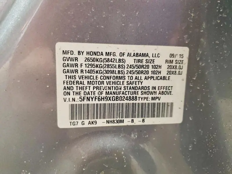 2016 HONDA PILOT TOURING  