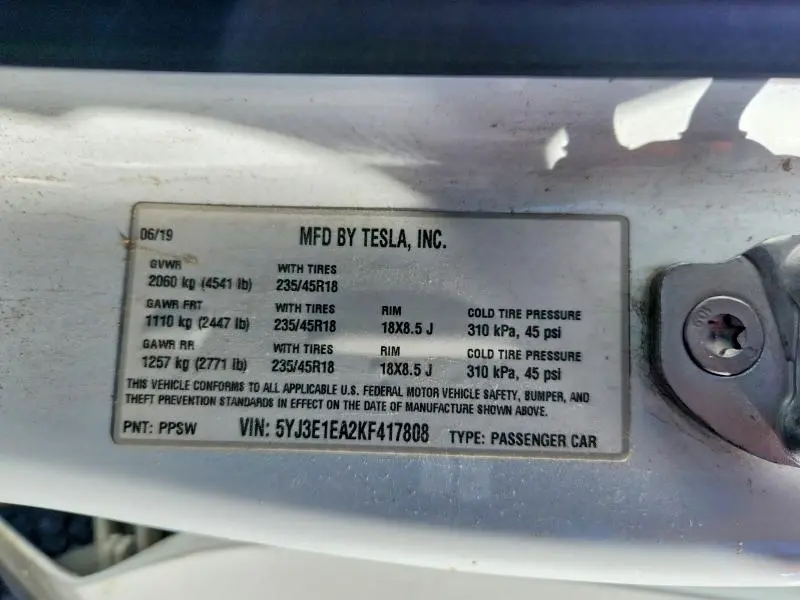 2019 TESLA MODEL 3   