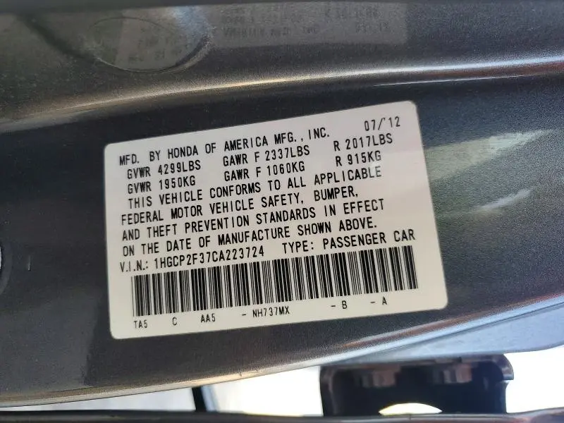 2012 HONDA ACCORD LX  