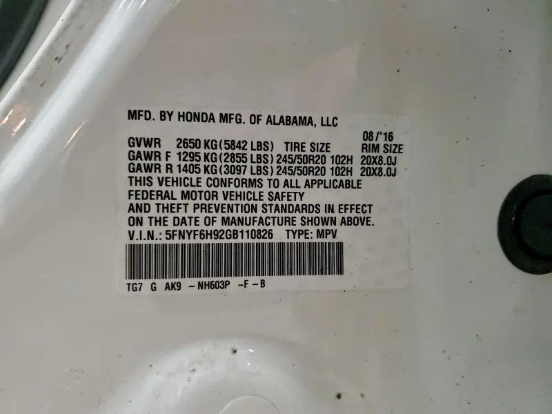 2016 HONDA PILOT TOURING  