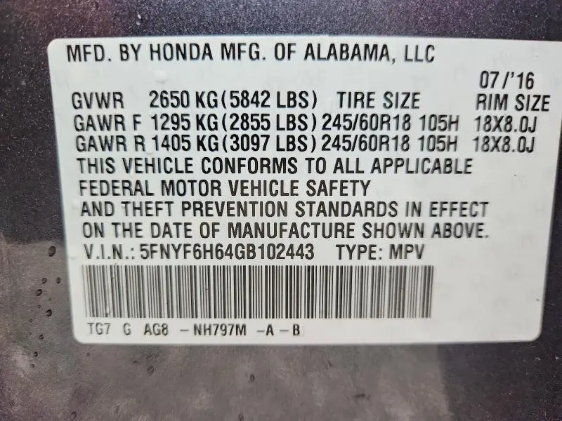2016 HONDA PILOT EXL  