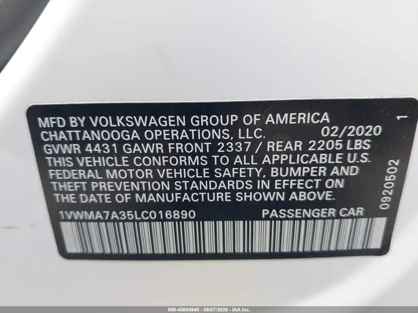 2020 VOLKSWAGEN PASSAT 2.0T R-LINE