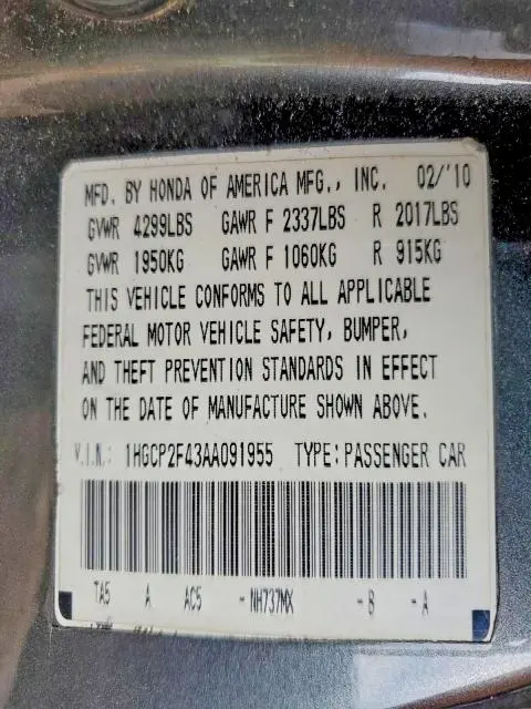 2010 HONDA ACCORD LXP  