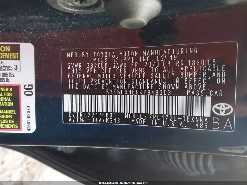 2019 TOYOTA COROLLA LE