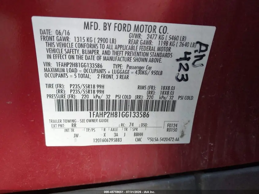 2016 FORD TAURUS SEL