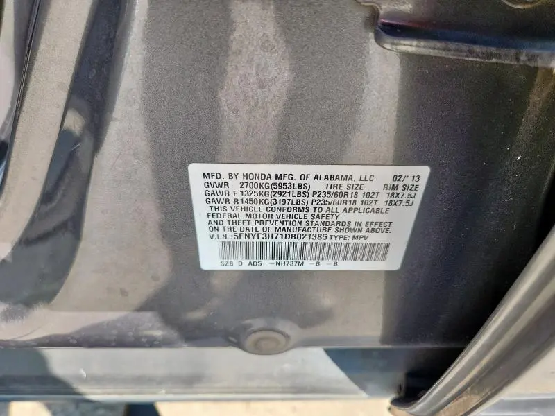 2013 HONDA PILOT EXLN  