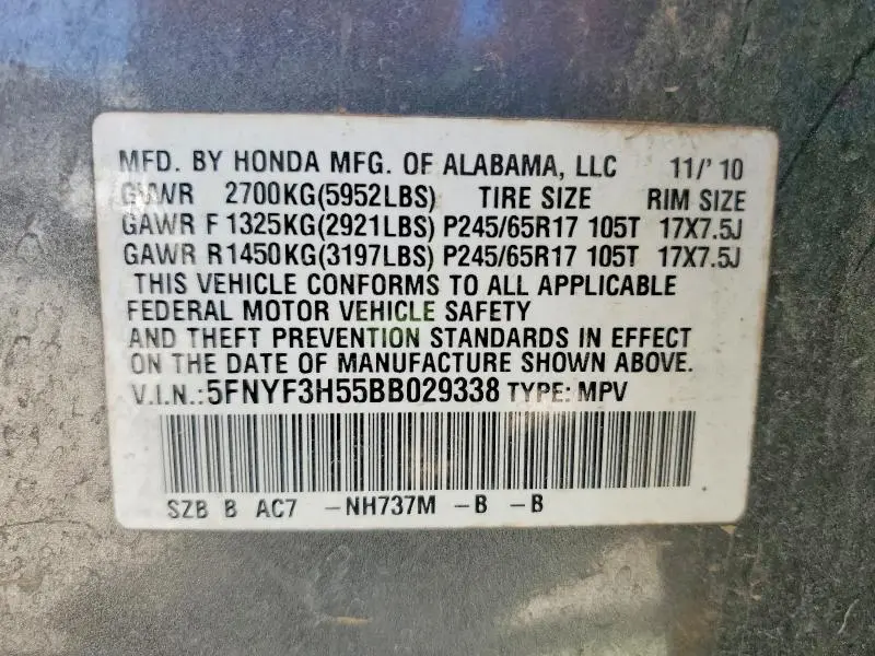 2011 HONDA PILOT EXL  