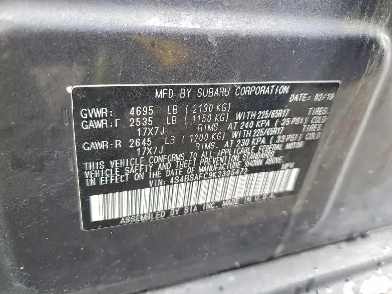 2019 SUBARU OUTBACK 2.5I PREMIUM  