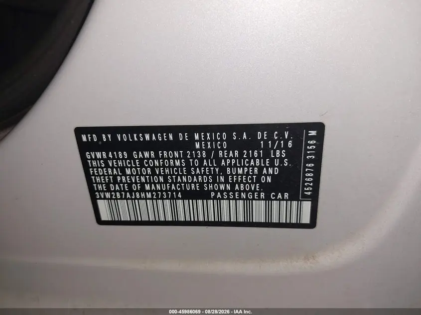 2017 VOLKSWAGEN JETTA 1.4T S