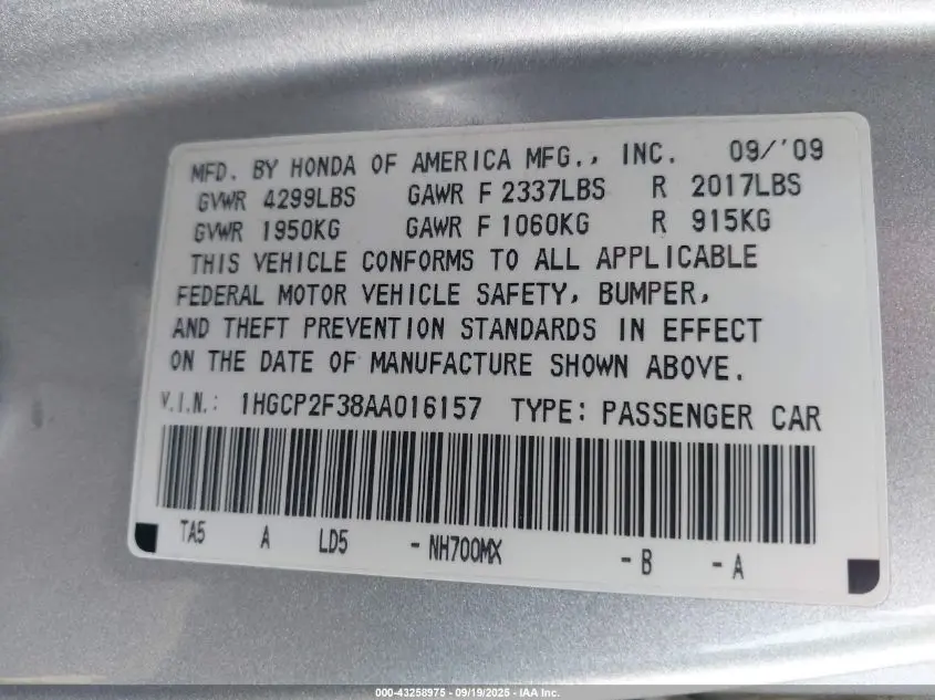 2010 HONDA ACCORD 2.4 LX