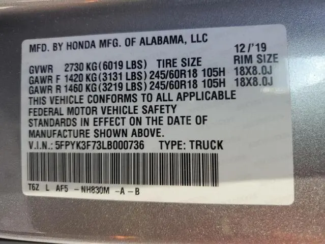 2020 HONDA RIDGELINE RTL  