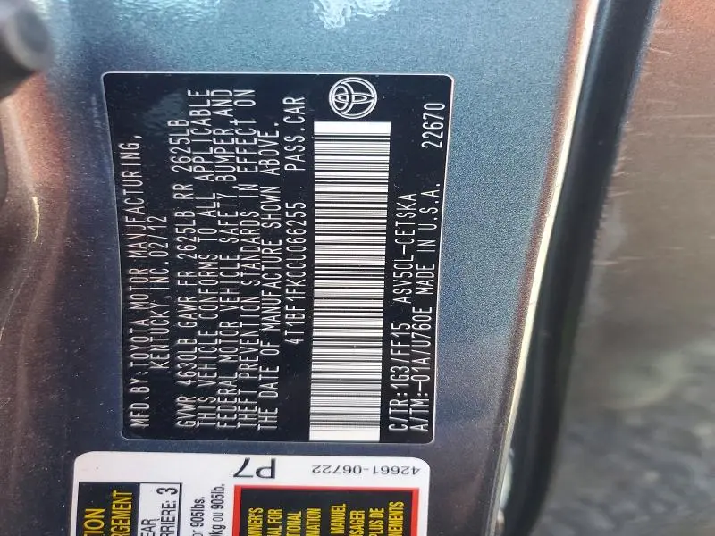 2012 TOYOTA CAMRY SE  