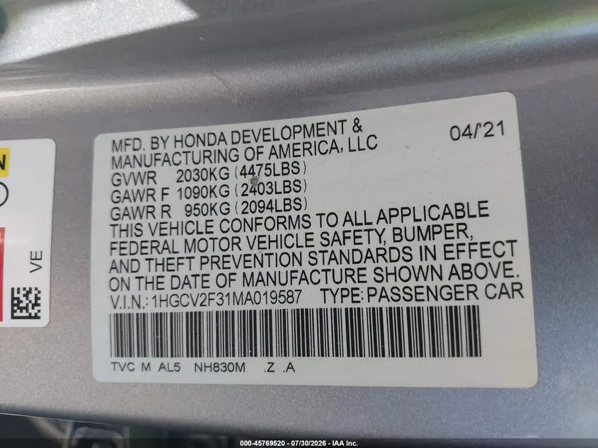 2021 HONDA ACCORD SPORT 2.0T