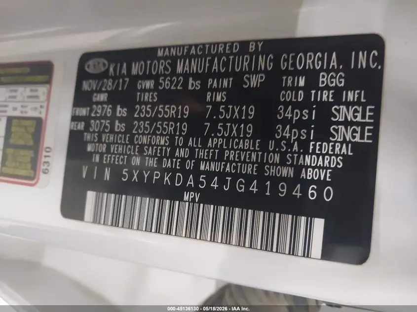 2018 KIA SORENTO 3.3L SX