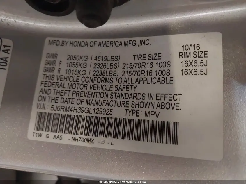 2016 HONDA CR-V LX