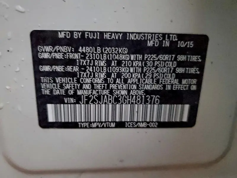 2016 SUBARU FORESTER 2.5I  