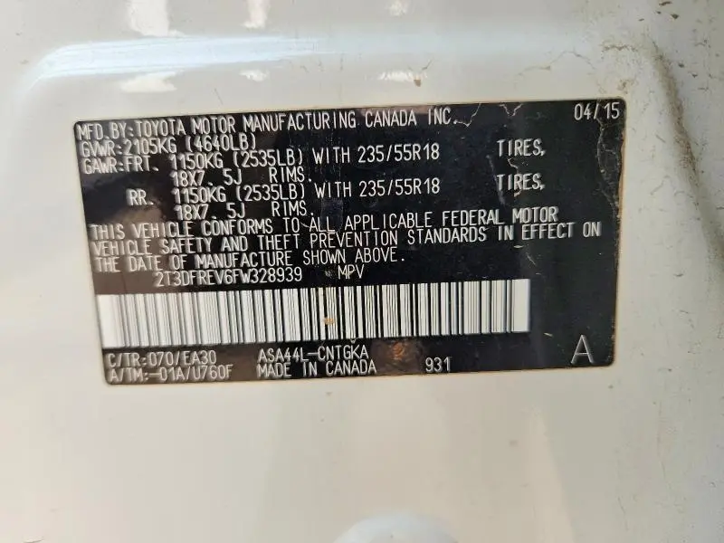 2015 TOYOTA RAV4 LIMITED  