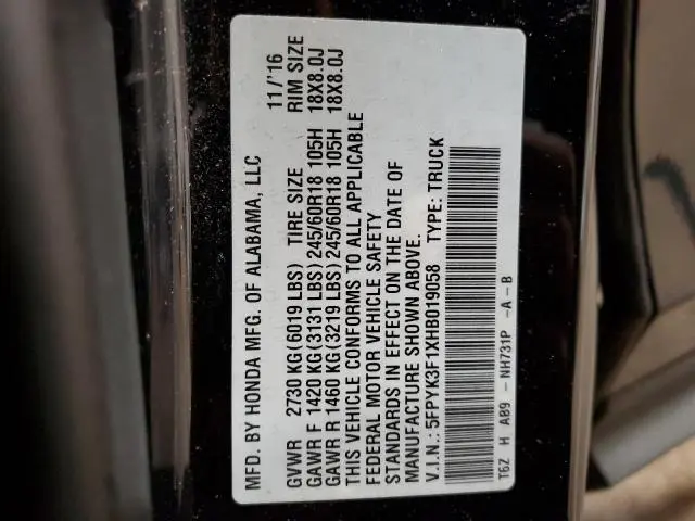 2017 HONDA RIDGELINE SPORT  