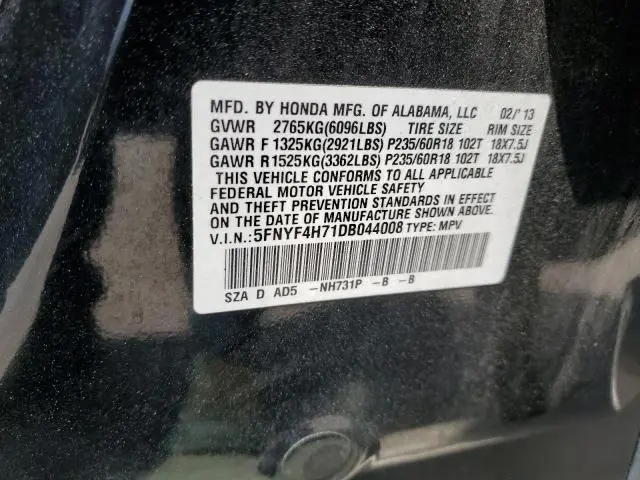 2013 HONDA PILOT EXLN  