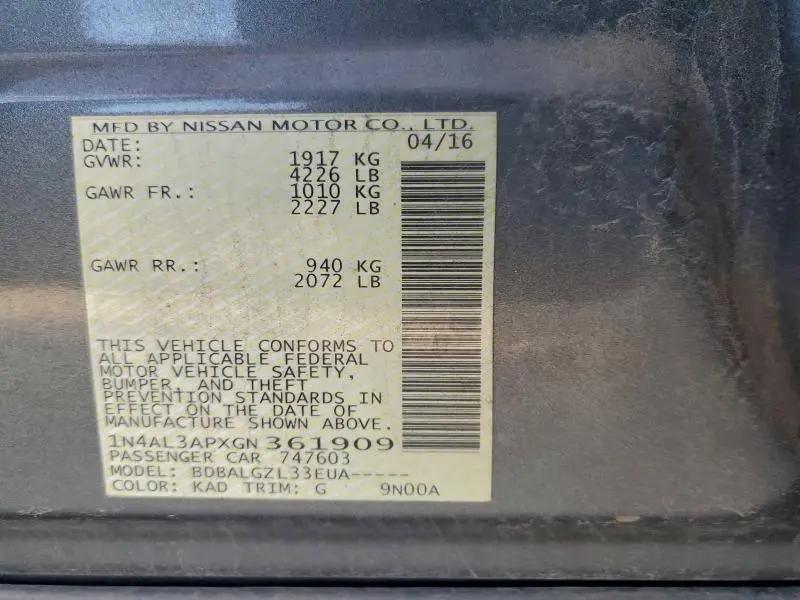 2016 NISSAN ALTIMA 2.5 S  