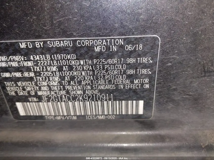 2019 SUBARU CROSSTREK 2.0I PREMIUM