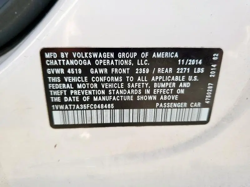 2015 VOLKSWAGEN PASSAT S  