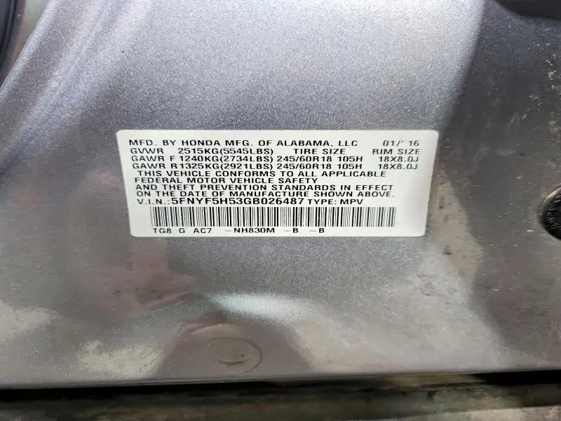 2016 HONDA PILOT EXL  