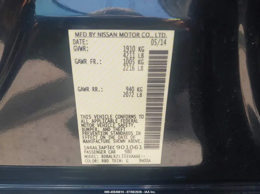 2014 NISSAN ALTIMA 2.5 S