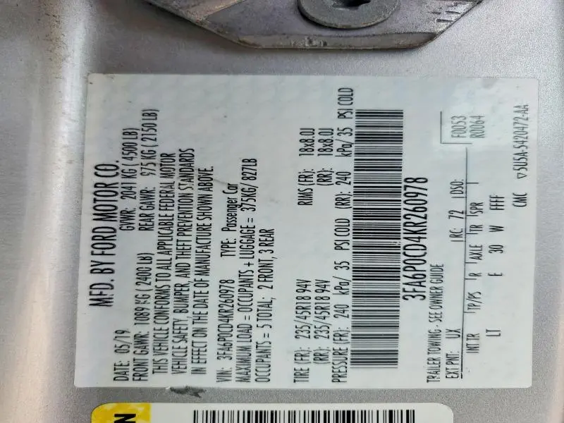 2019 FORD FUSION SEL  