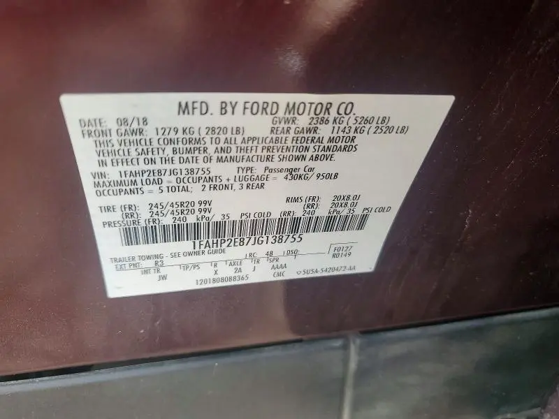 2018 FORD TAURUS SEL  