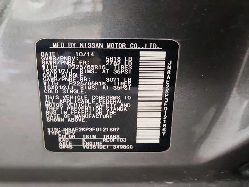 2015 NISSAN QUEST 3.5 S  