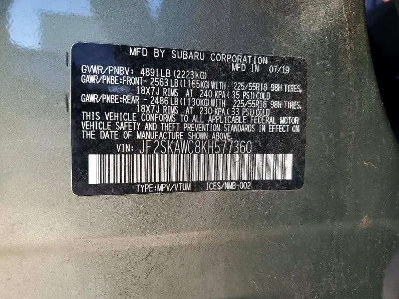 2019 SUBARU FORESTER TOURING  