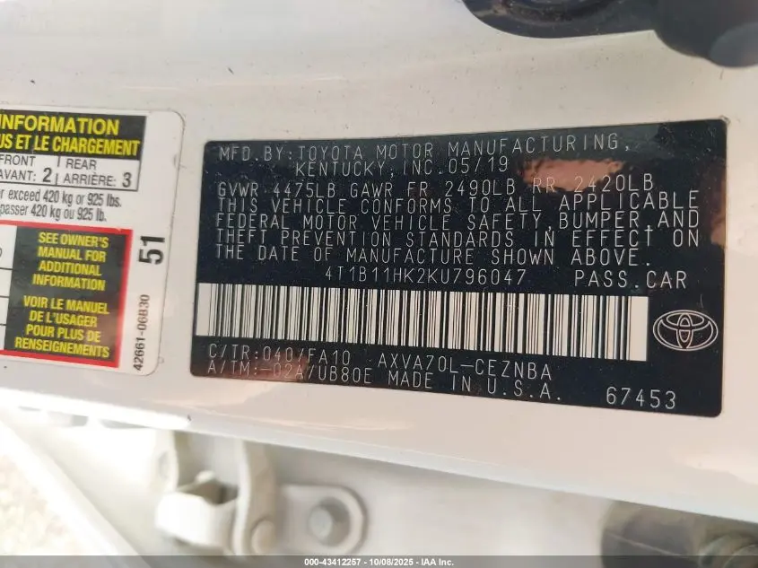 2019 TOYOTA CAMRY LE