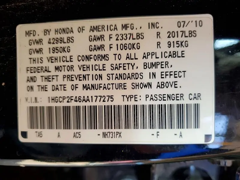 2010 HONDA ACCORD LXP  