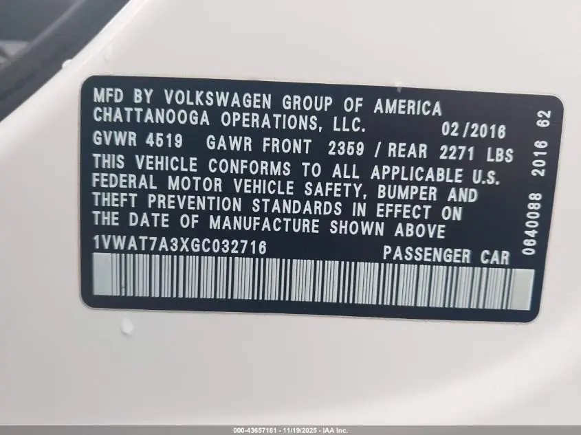 2016 VOLKSWAGEN PASSAT 1.8T R-LINE