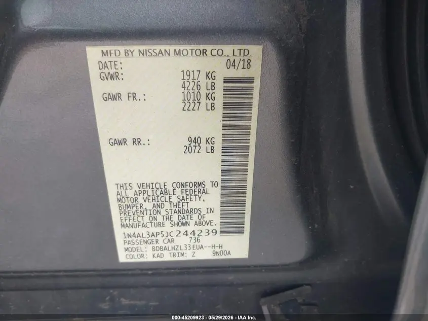 2018 NISSAN ALTIMA 2.5 SR
