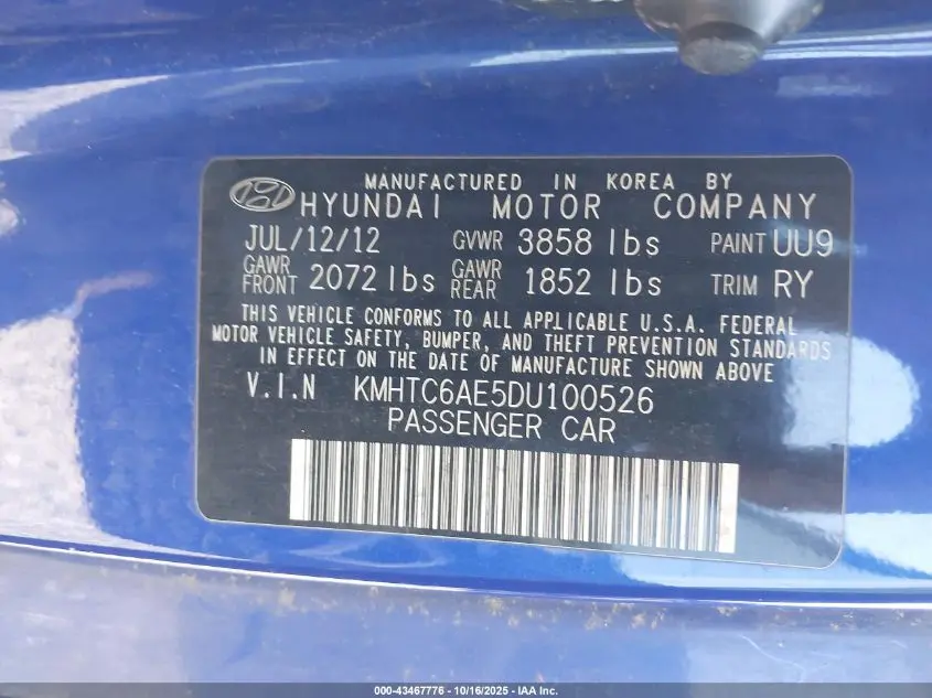 2013 HYUNDAI VELOSTER TURBO W/BLACK