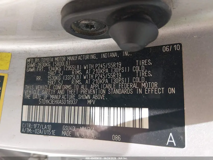 2010 TOYOTA HIGHLANDER LIMITED V6