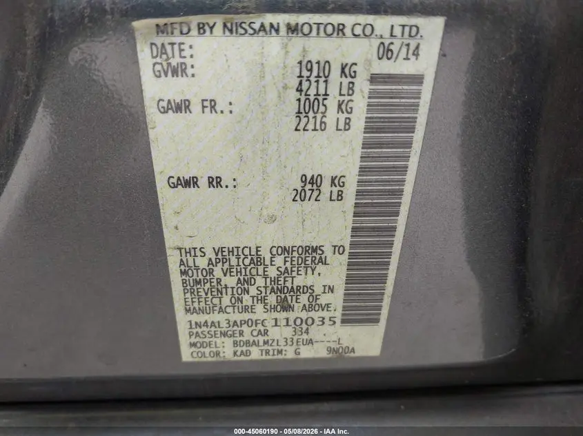 2015 NISSAN ALTIMA 2.5 SV