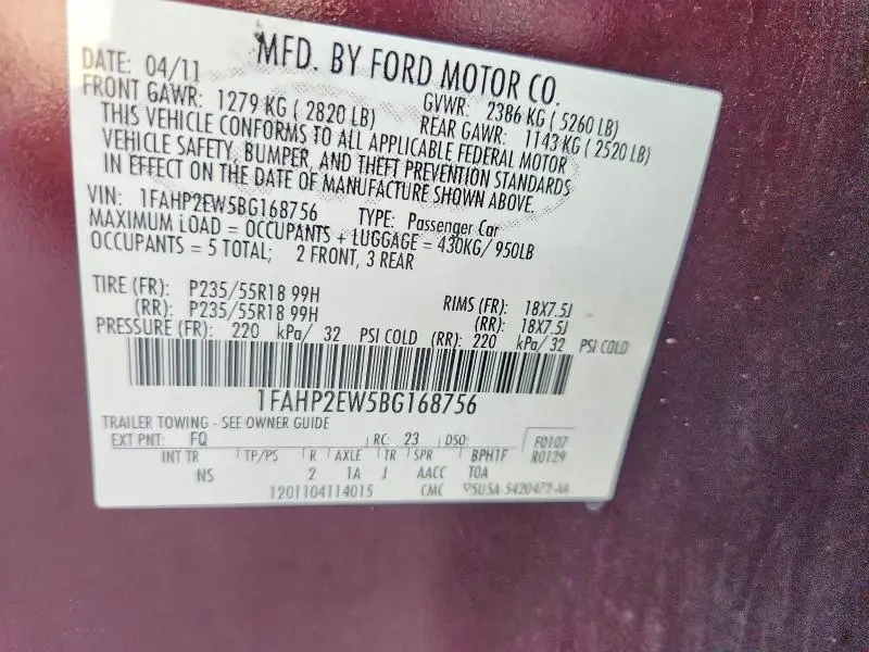 2011 FORD TAURUS SEL  