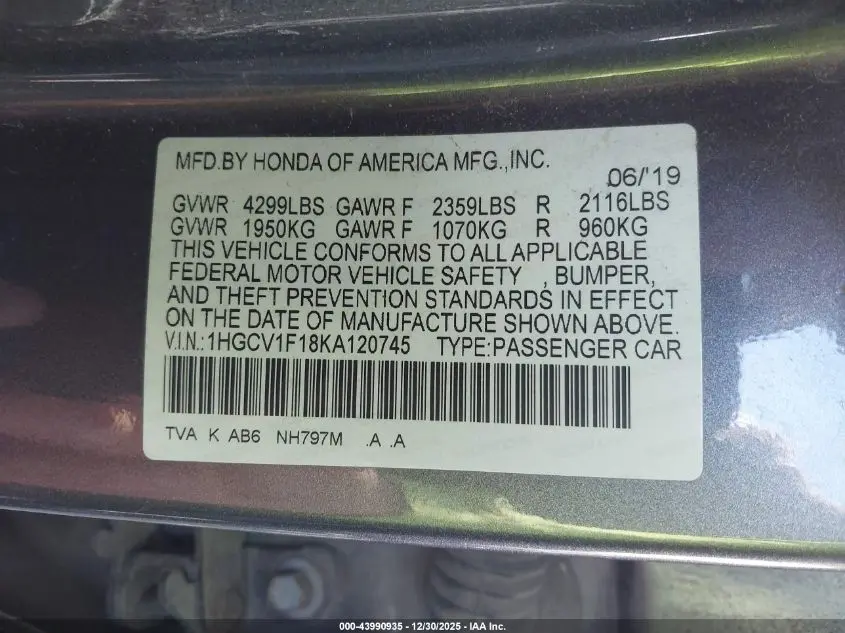 2019 HONDA ACCORD LX