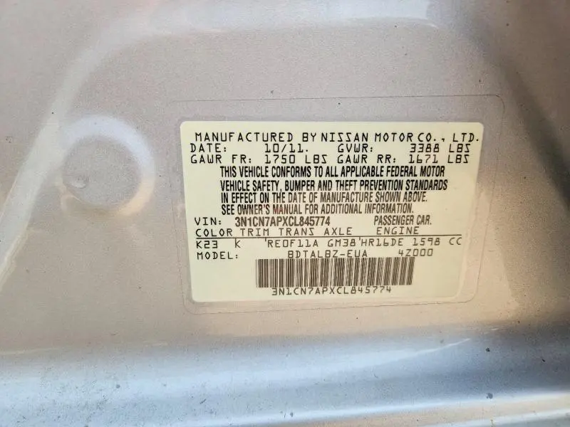 2012 NISSAN VERSA 1.6 S  