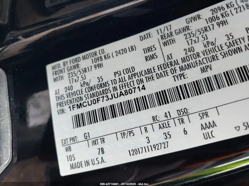 2018 FORD ESCAPE S