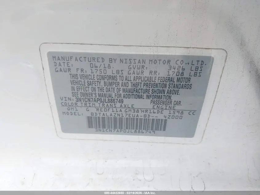 2018 NISSAN VERSA 1.6 S+