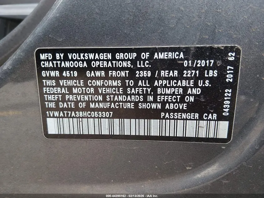 2017 VOLKSWAGEN PASSAT 1.8T S