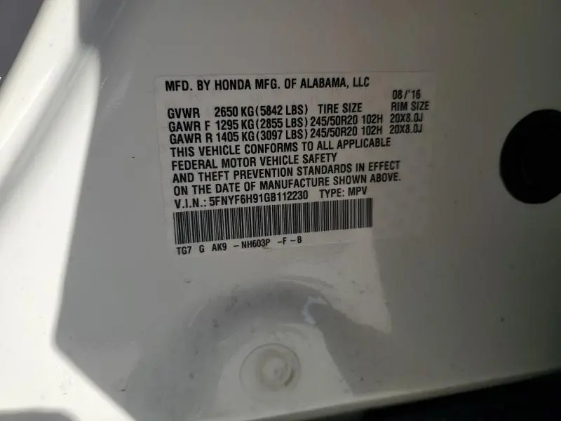 2016 HONDA PILOT TOURING  