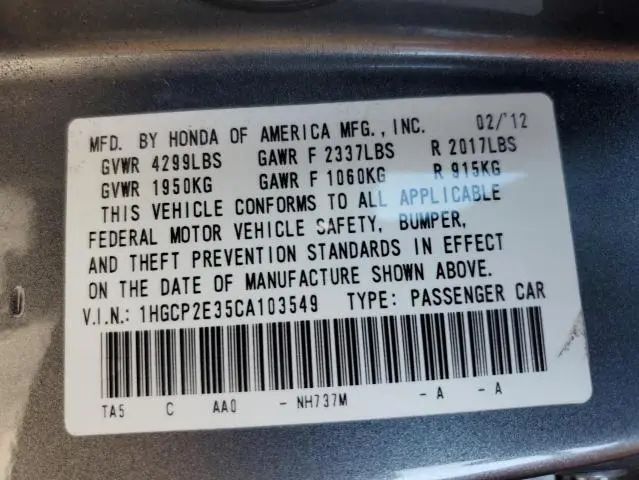 2012 HONDA ACCORD LX