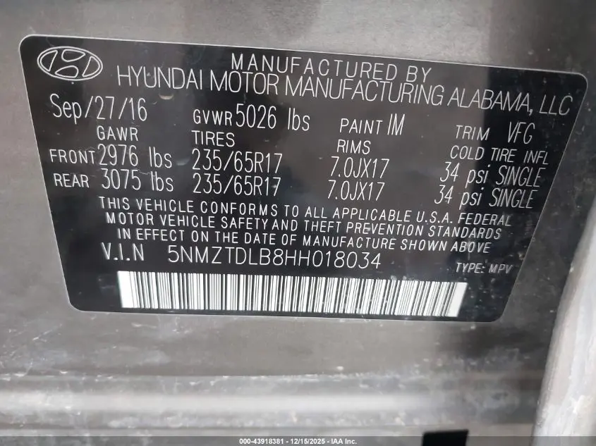 2017 HYUNDAI SANTA FE SPORT 2.4L